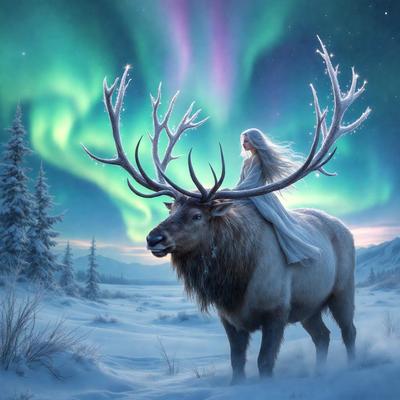 Primary subject: A woman riding a large horned animal, possibly a moose, in a snowy environment.

Setting/background: The scene takes place in a snowy landscape, with a mountain visible in the background.

Visual style: The image is a digital art or illustration, featuring a woman in a white dress riding a horned animal.

Colors and mood: The image has a cold and serene atmosphere, with the snowy environment and the woman's white dress creating a sense